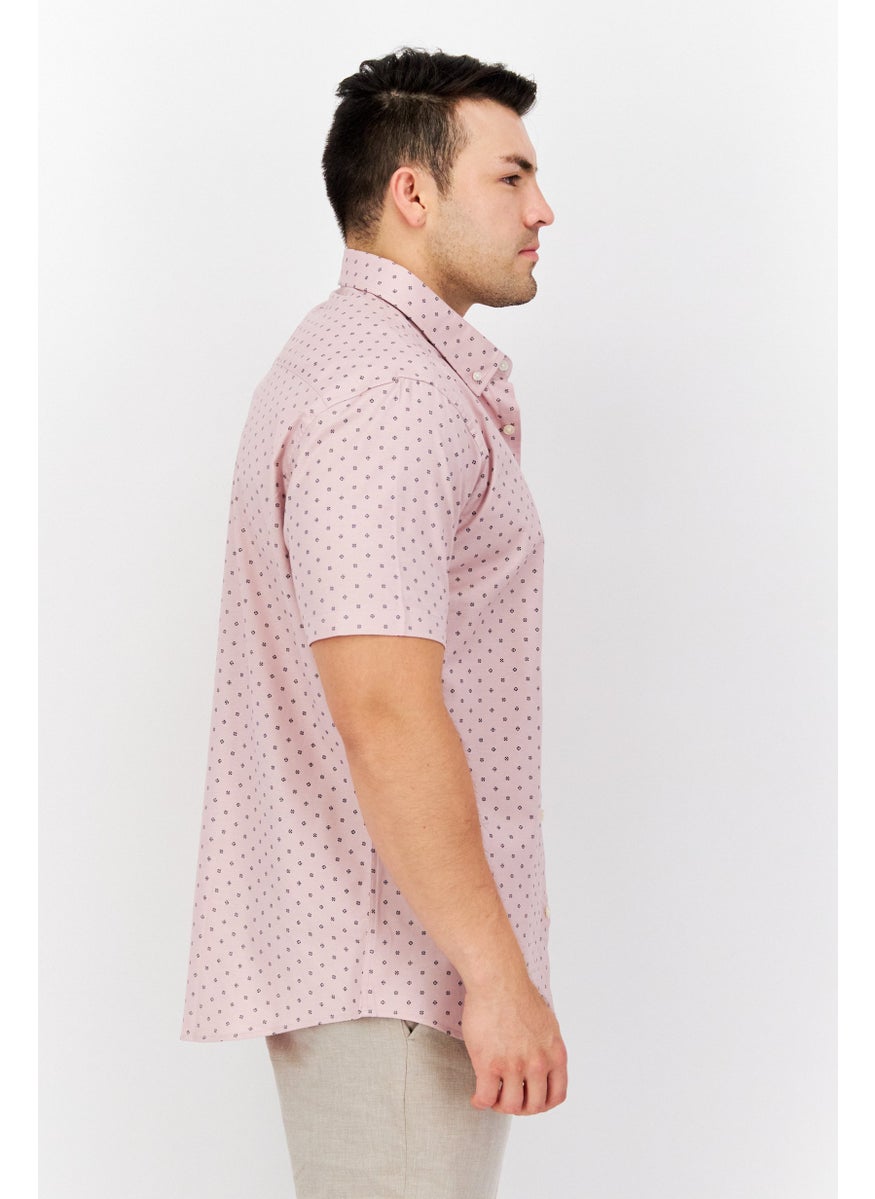 Men Regular Fit Short Sleeve Allover Print Casual Shirt, Pink