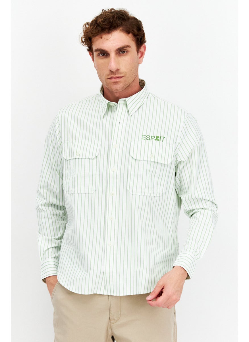 Men Regular Fit Stripe Long Sleeve Casual Shirts, White/Green