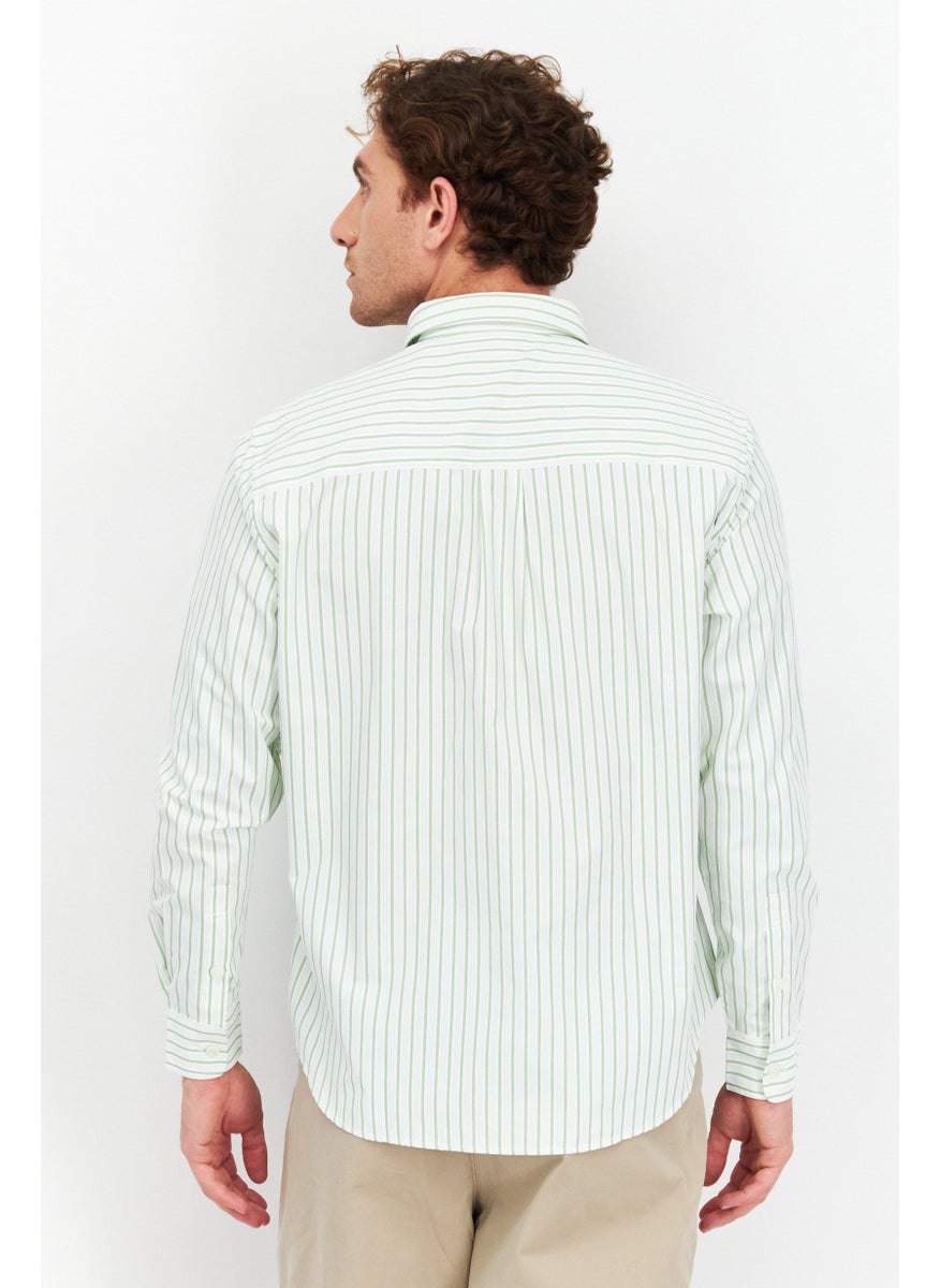 Men Regular Fit Stripe Long Sleeve Casual Shirts, White/Green