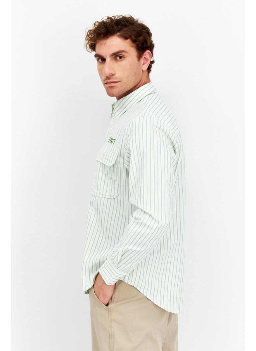 Men Regular Fit Stripe Long Sleeve Casual Shirts, White/Green