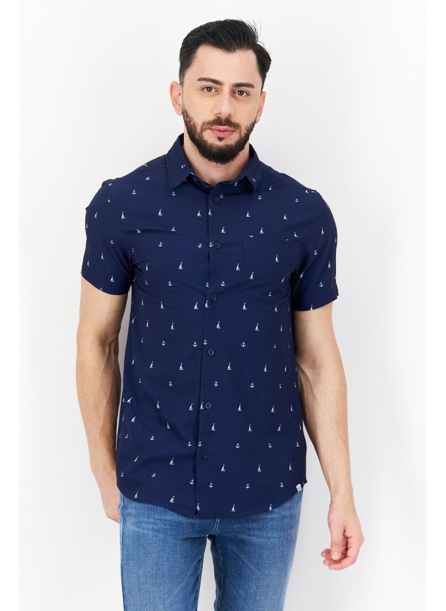 Men Regular Fit Printed Short Sleeves Casual Shirt, Navy