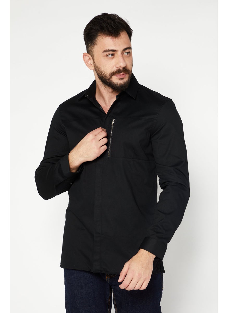 Men Regular Fit Solid Long Sleeve Casual Shirt, Black