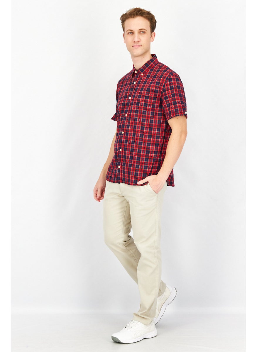 Men Regular Fit Plaid Short Sleeves Casual Shirt, Red/Blue