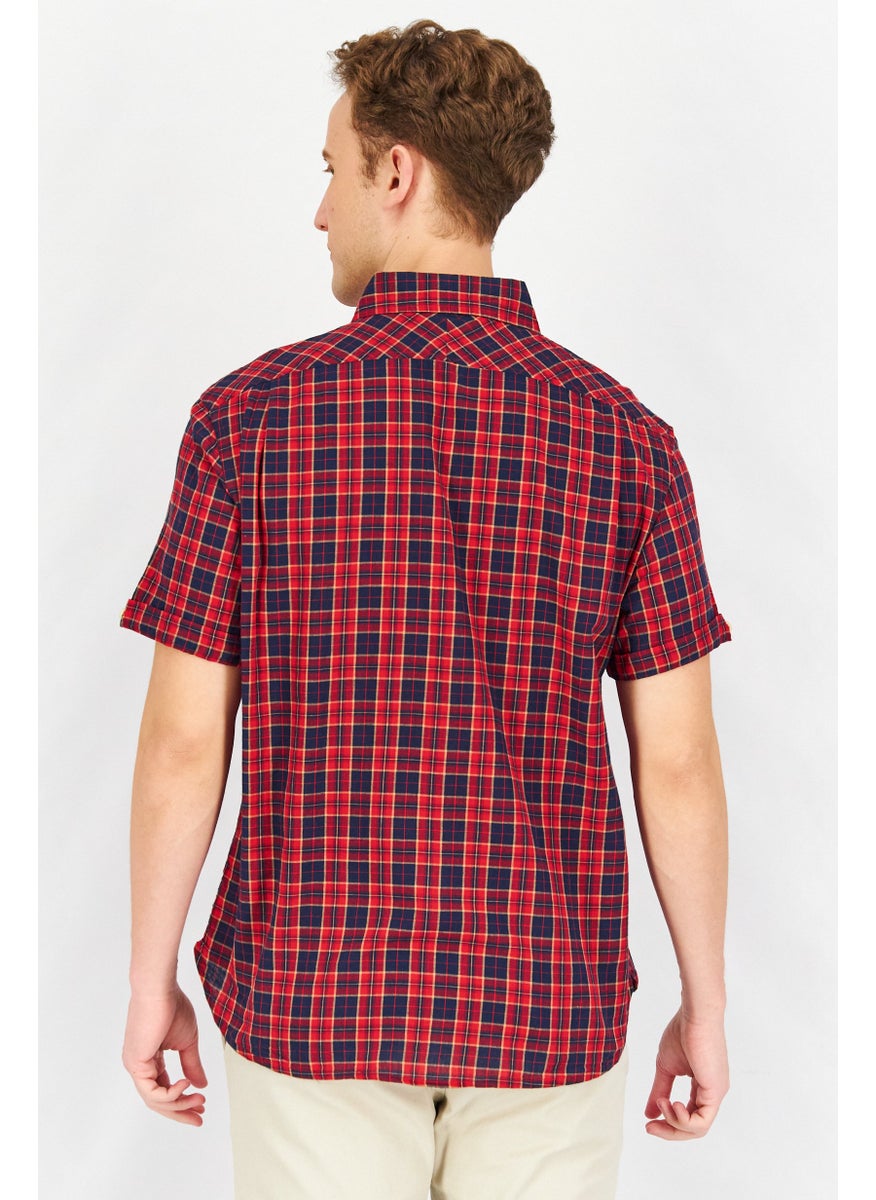 Men Regular Fit Plaid Short Sleeves Casual Shirt, Red/Blue