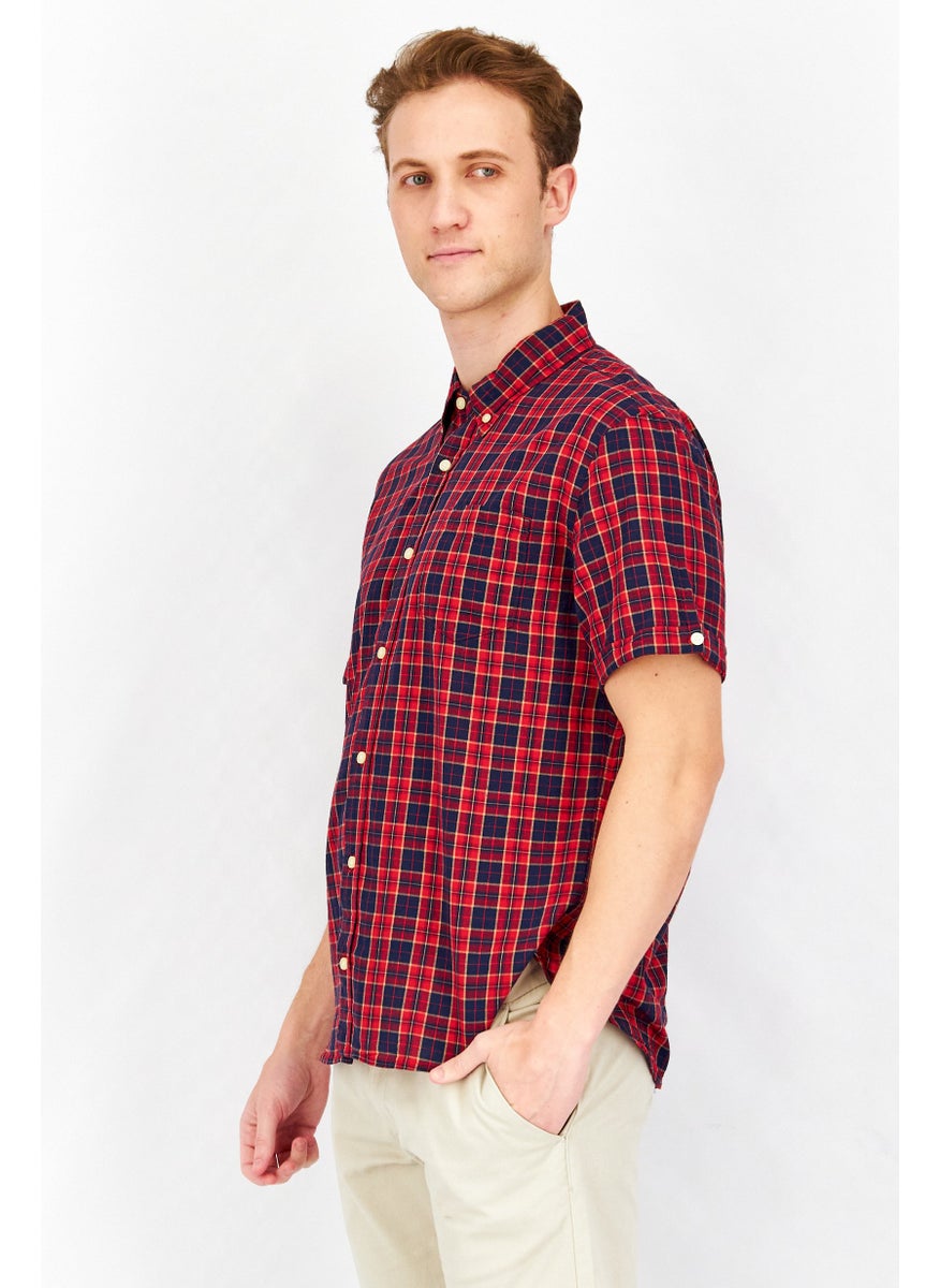 Men Regular Fit Plaid Short Sleeves Casual Shirt, Red/Blue