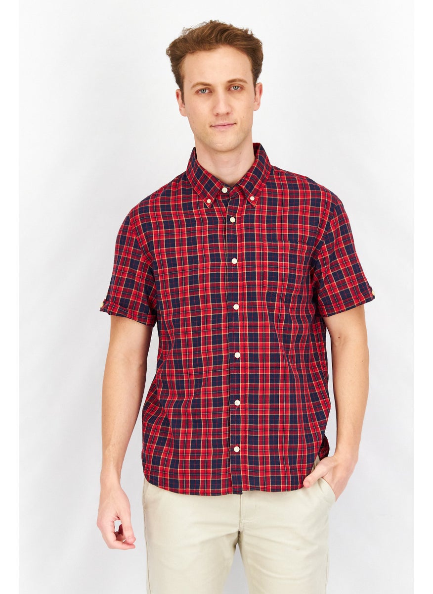 Men Regular Fit Plaid Short Sleeves Casual Shirt, Red/Blue