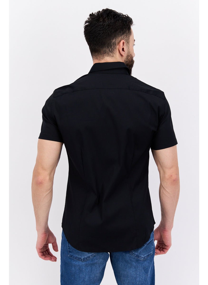 Men Tailored Fit Short Sleeves Plain Casual Shirt, Black