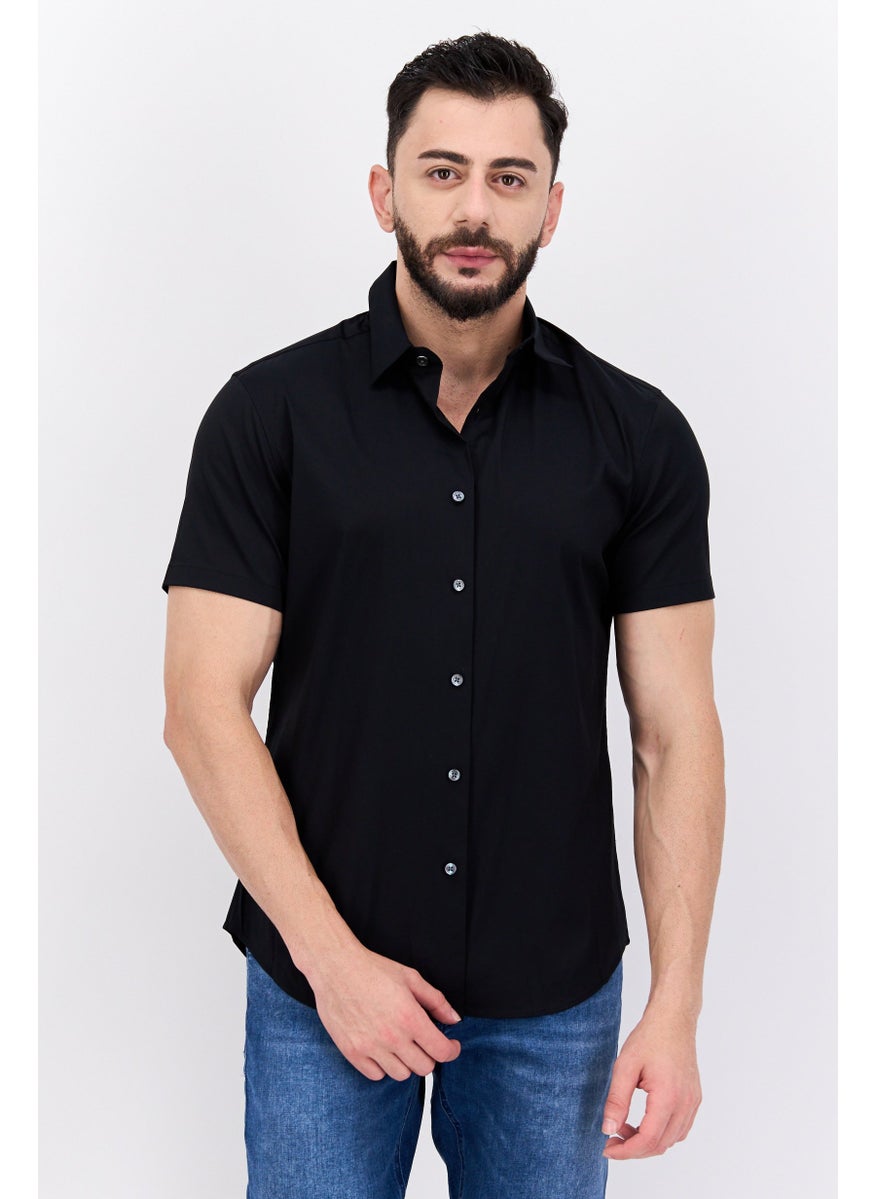 Men Tailored Fit Short Sleeves Plain Casual Shirt, Black