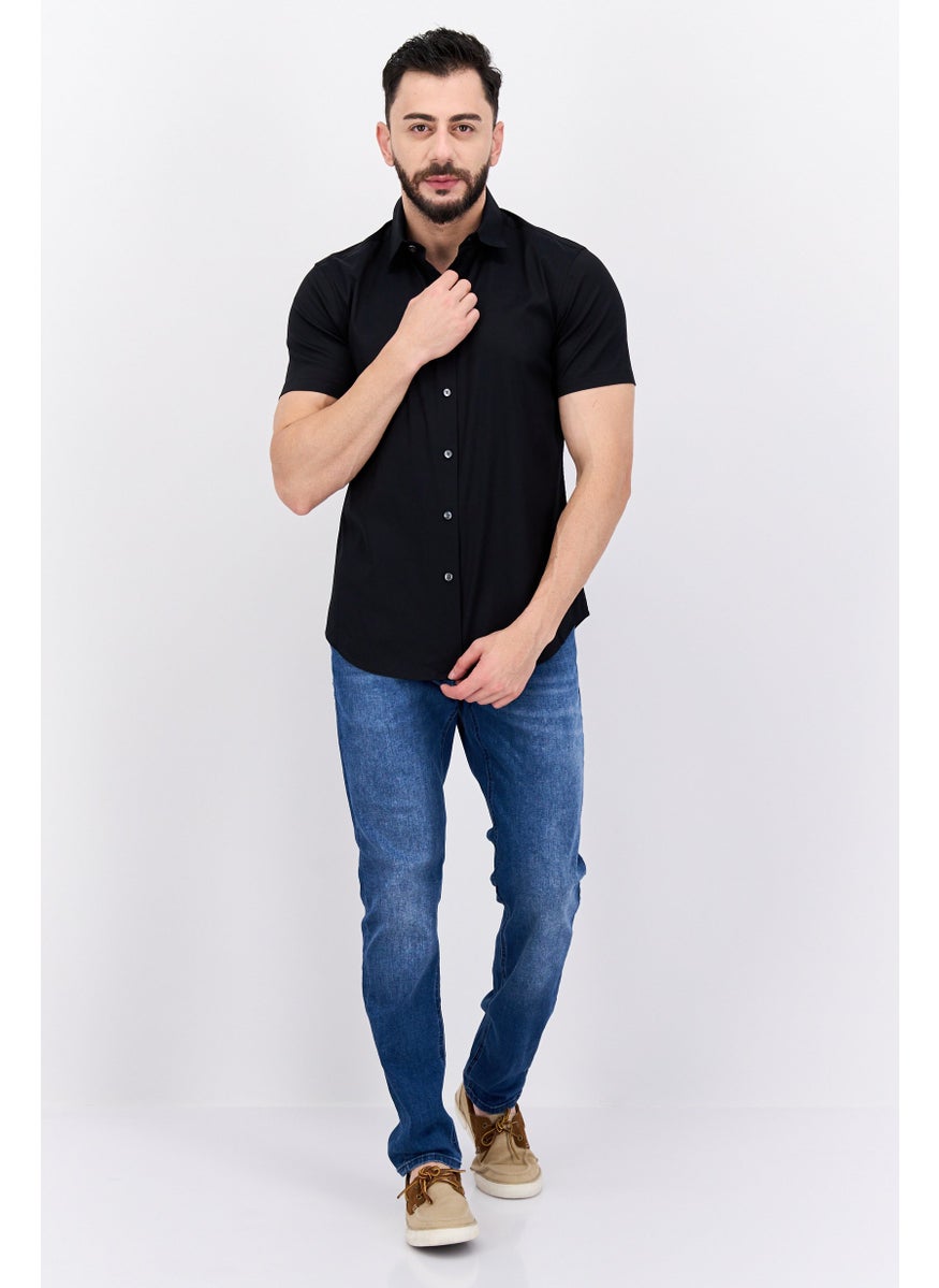 Men Tailored Fit Short Sleeves Plain Casual Shirt, Black