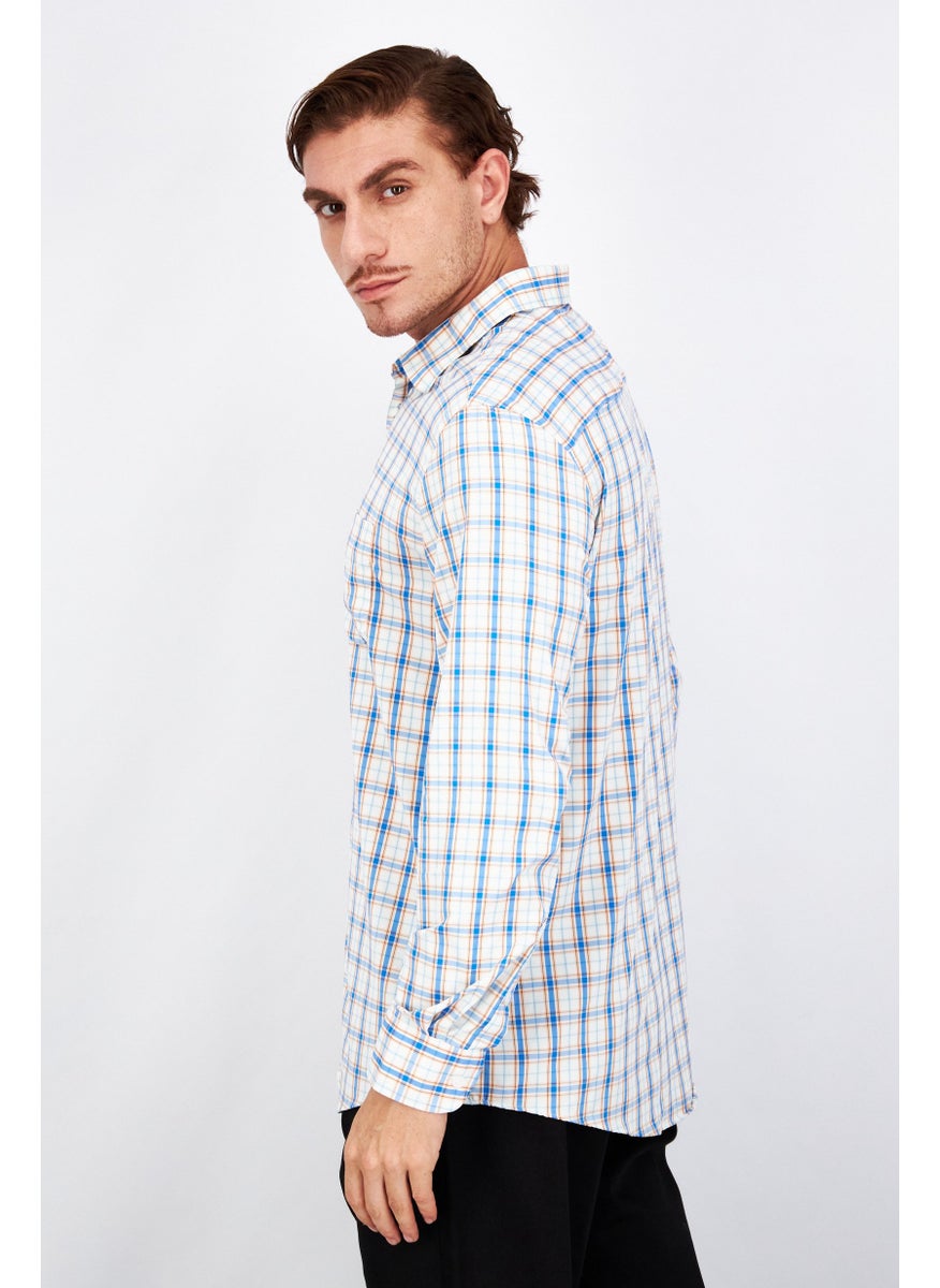 Men Regular Fit Plaid Long Sleeves Casual Shirt, Blue Combo