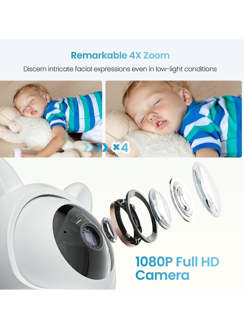 1080p Baby Monitor with Camera, Night Vision, PTZ, Crying Detection, Humidity & Temperature Sensor, App Control, 4.3