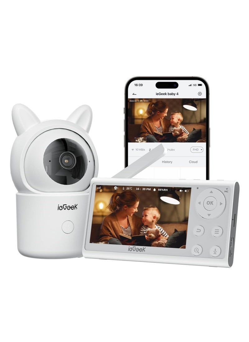 1080p Baby Monitor with Camera, Night Vision, PTZ, Crying Detection, Humidity & Temperature Sensor, App Control, 4.3