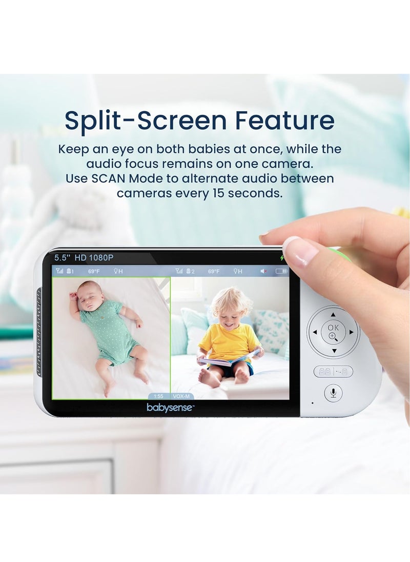 5.5” 1080p Full HD Split-Screen Baby Monitor, Two PTZ Cameras, 300m Range, RGB Night Light, Two-Way Audio, 4x Zoom, 5000mAh Battery, Hack-Proof