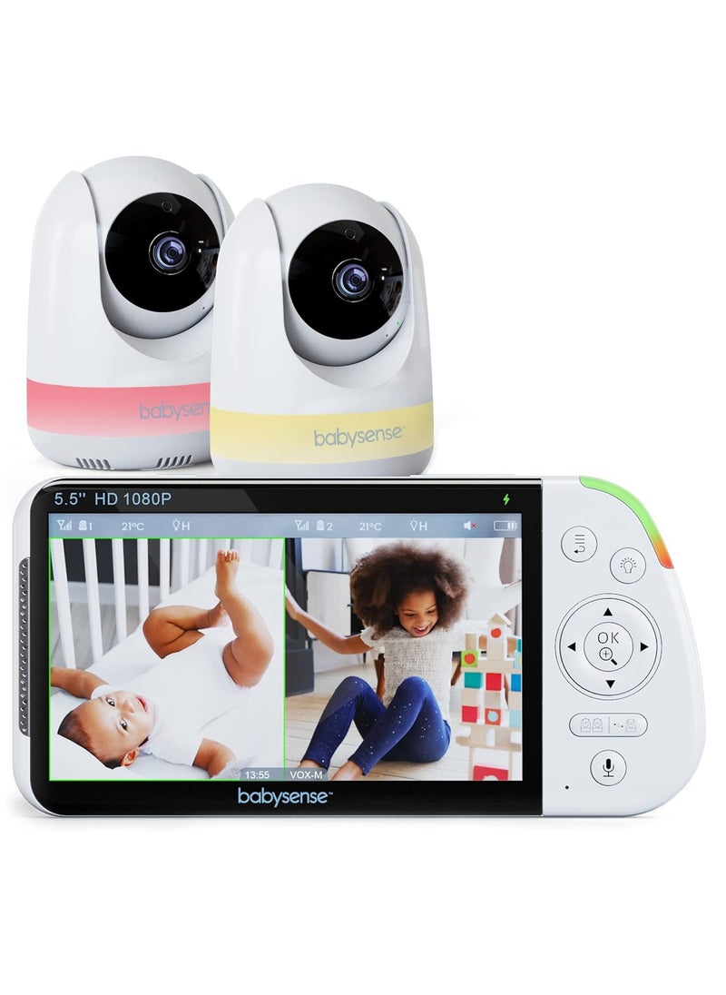 5.5” 1080p Full HD Split-Screen Baby Monitor, Two PTZ Cameras, 300m Range, RGB Night Light, Two-Way Audio, 4x Zoom, 5000mAh Battery, Hack-Proof