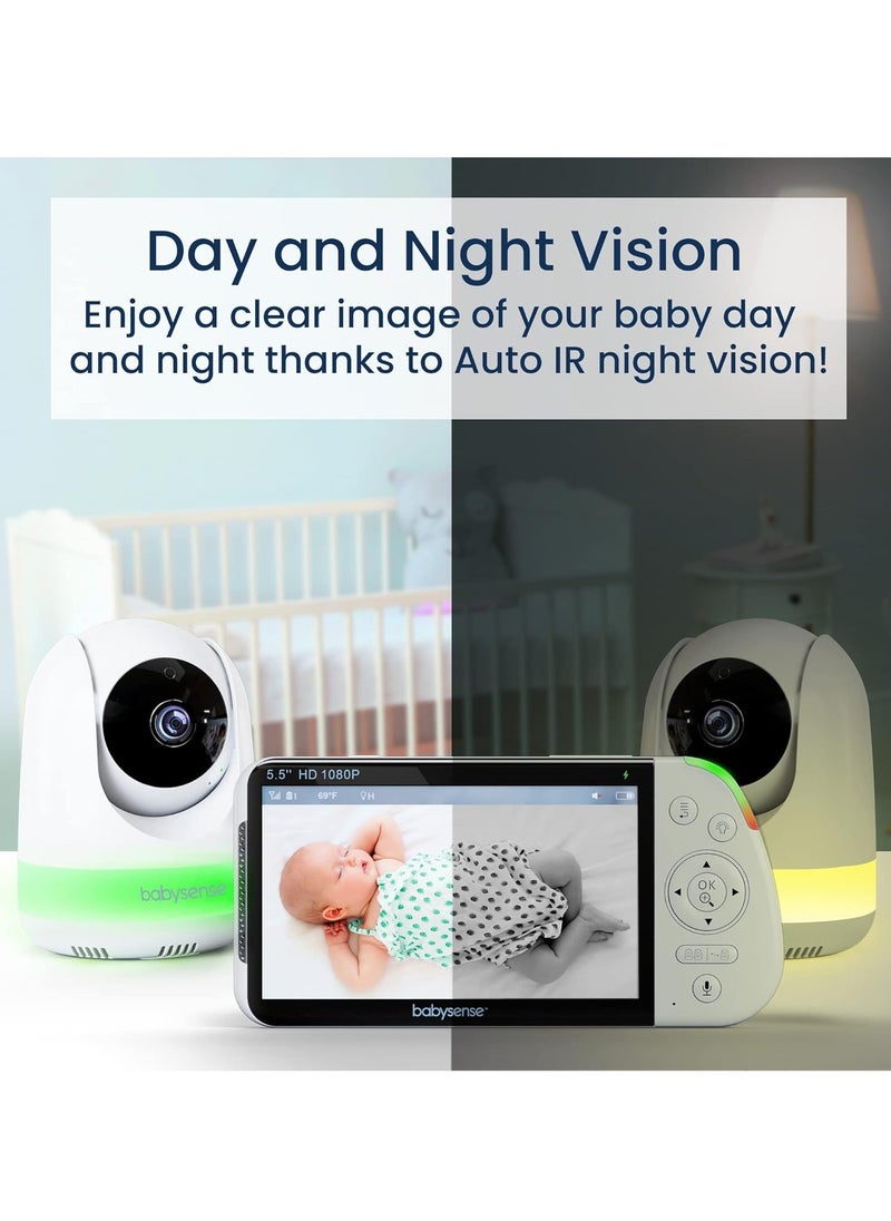 5.5” 1080p Full HD Split-Screen Baby Monitor, Two PTZ Cameras, 300m Range, RGB Night Light, Two-Way Audio, 4x Zoom, 5000mAh Battery, Hack-Proof