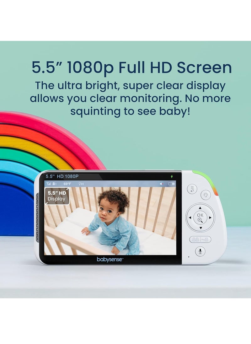 5.5” 1080p Full HD Split-Screen Baby Monitor, Two PTZ Cameras, 300m Range, RGB Night Light, Two-Way Audio, 4x Zoom, 5000mAh Battery, Hack-Proof