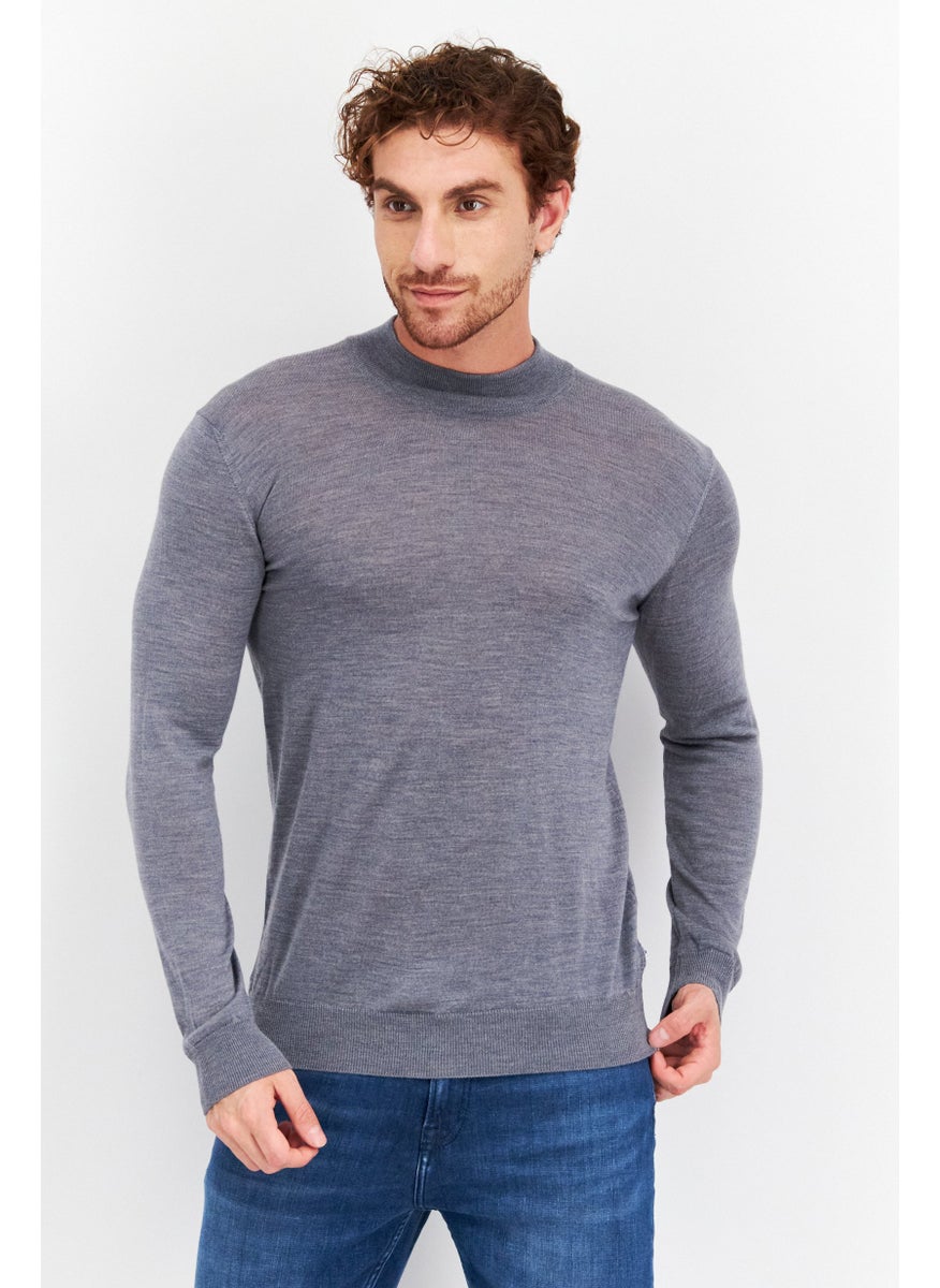 Men Mock Neck Plain Sweaters, Grey