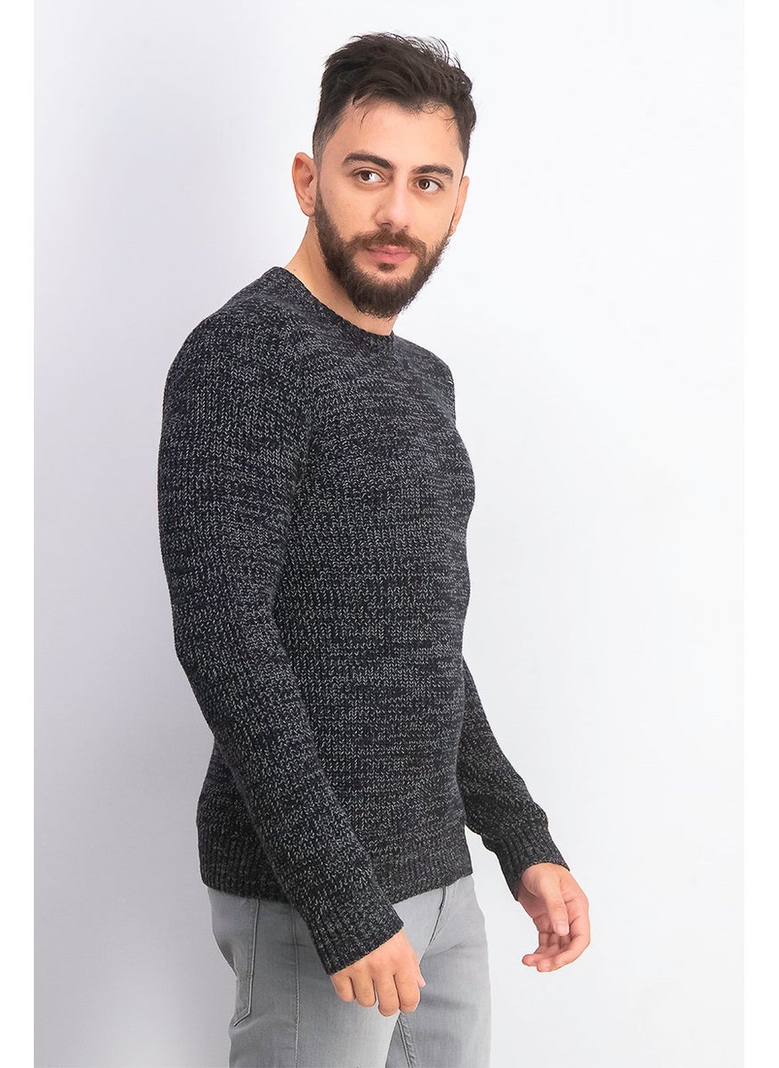 Men Crew Neck Long Sleeve Sweater, Deep Black