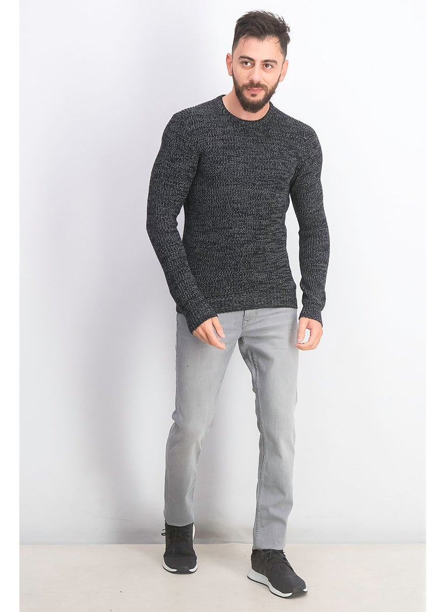 Men Crew Neck Long Sleeve Sweater, Deep Black