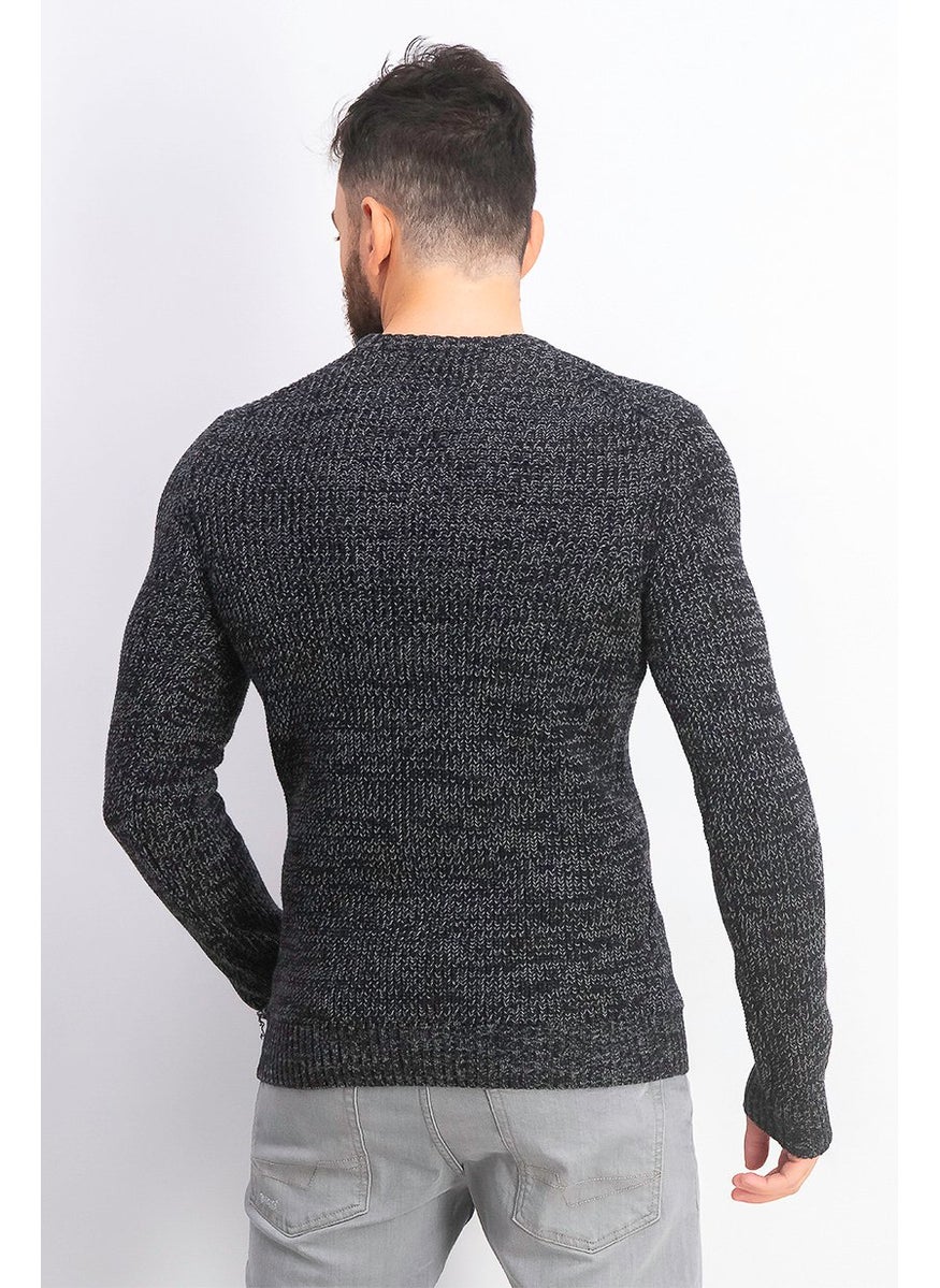 Men Crew Neck Long Sleeve Sweater, Deep Black