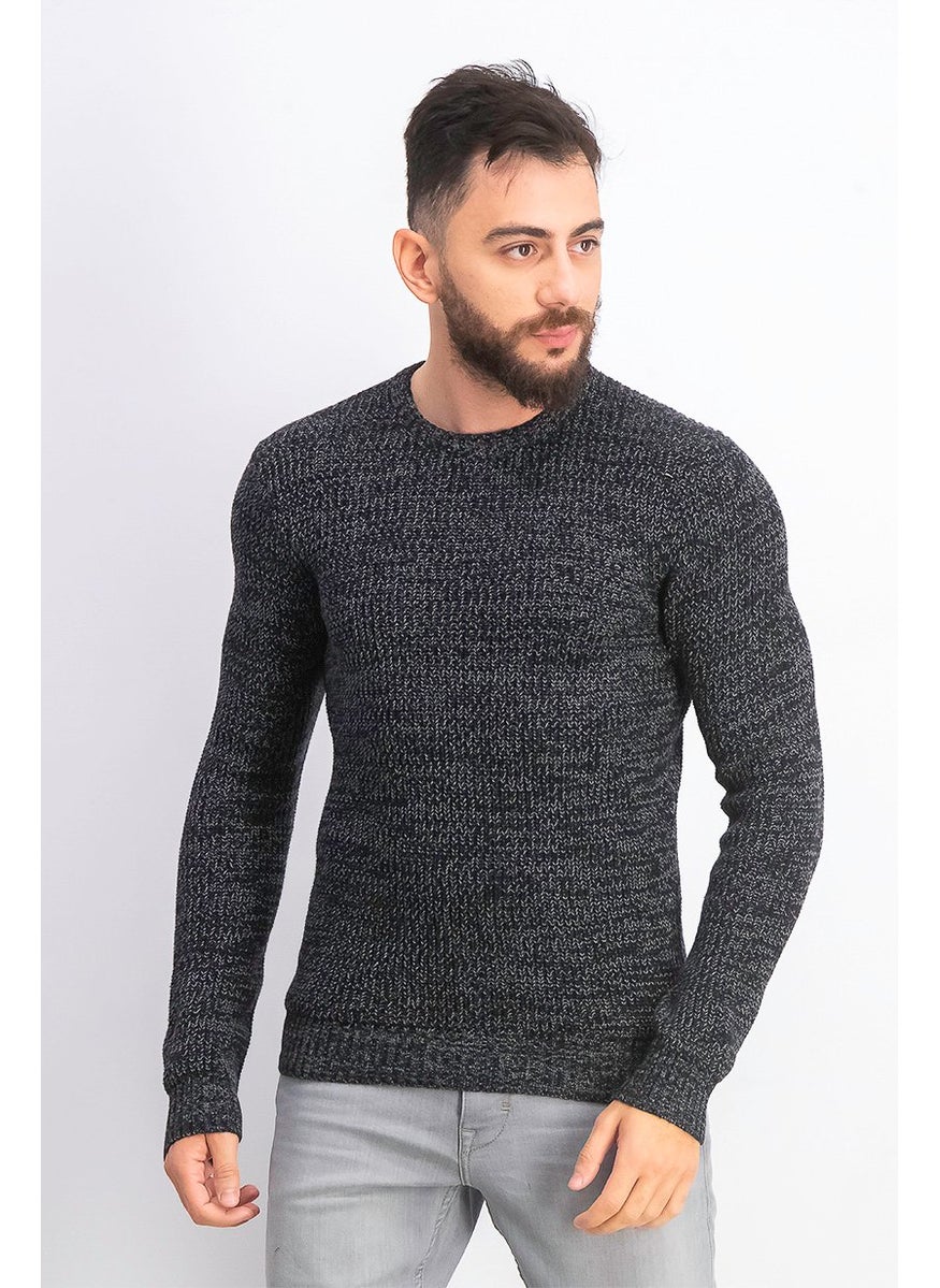 Men Crew Neck Long Sleeve Sweater, Deep Black