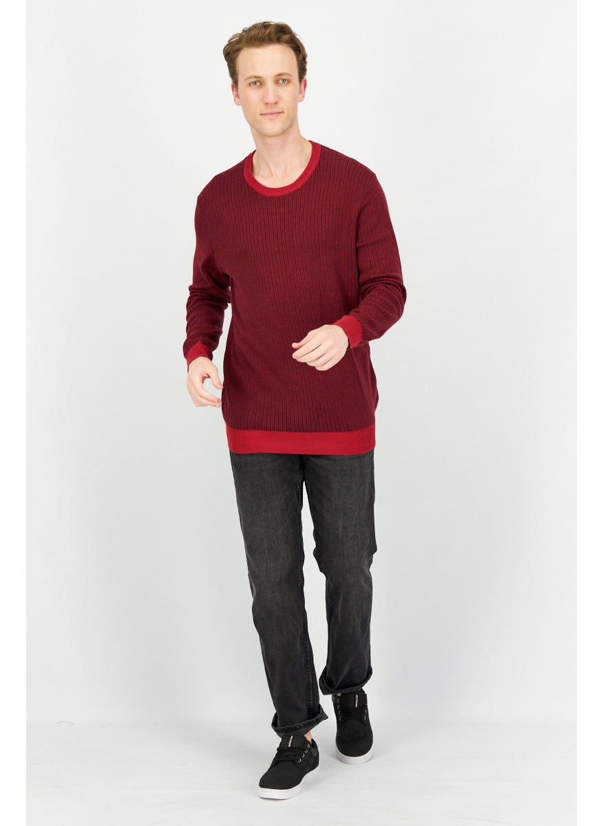 Men Crew Neck Long Sleeves Textured Sweatshirt, Red Combo