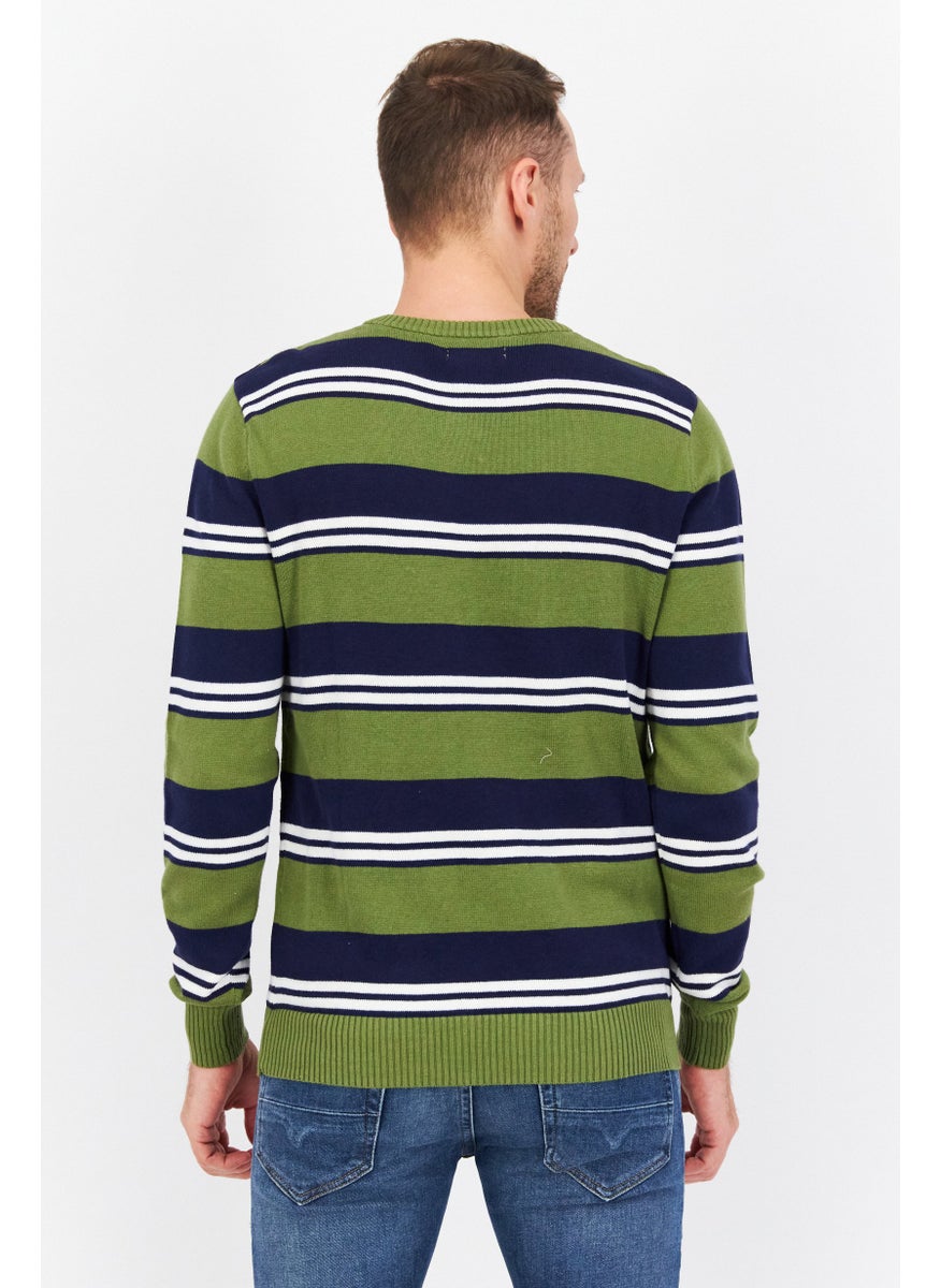 Men V-neck Stripe Long Sleeves Sweaters, Olive Combo