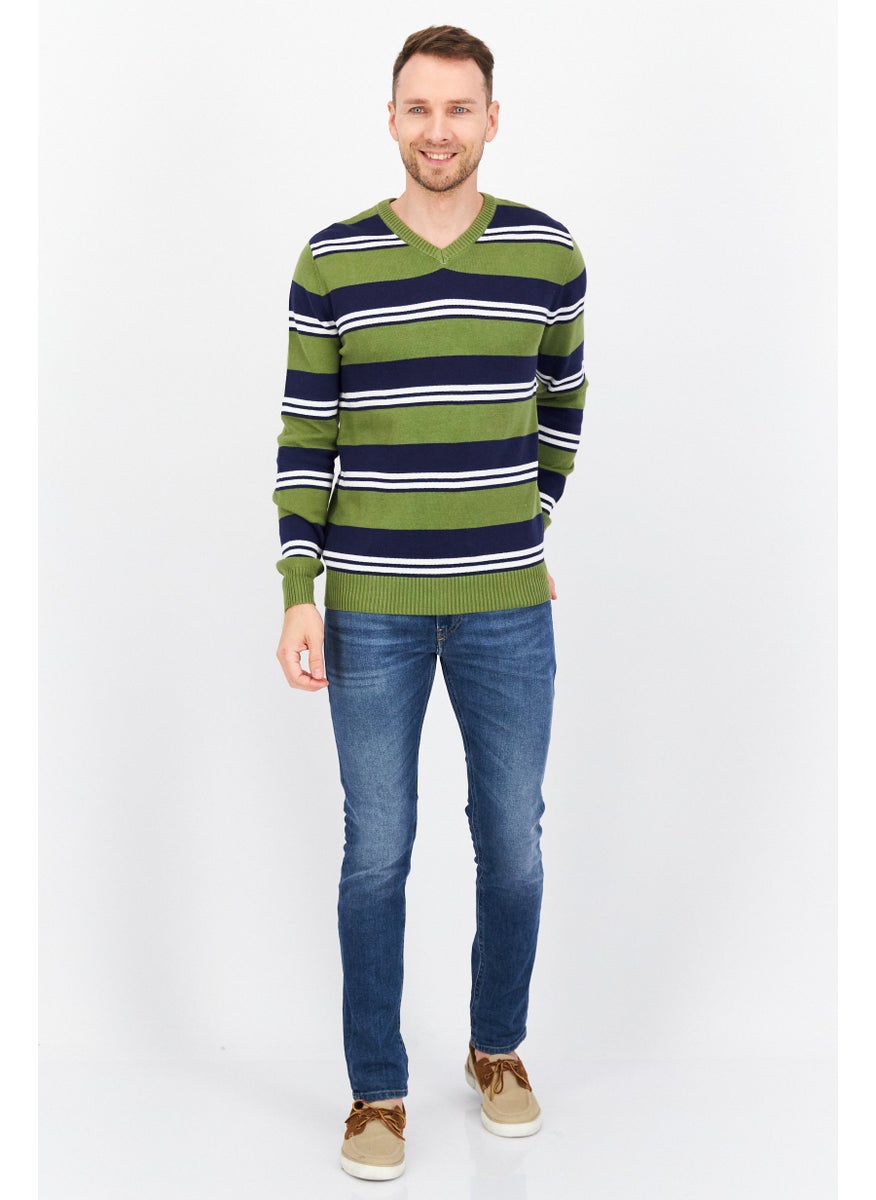 Men V-neck Stripe Long Sleeves Sweaters, Olive Combo