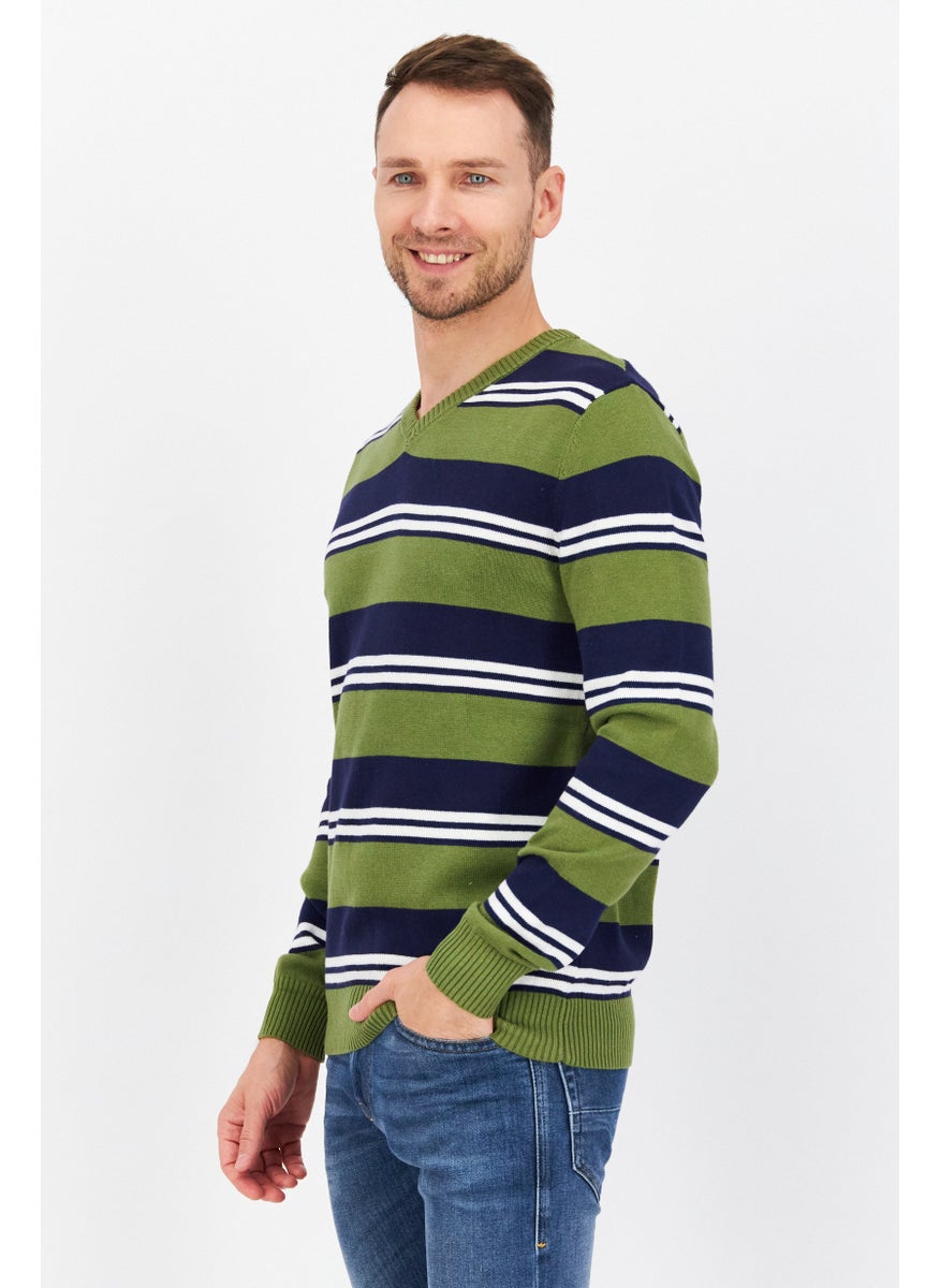 Men V-neck Stripe Long Sleeves Sweaters, Olive Combo