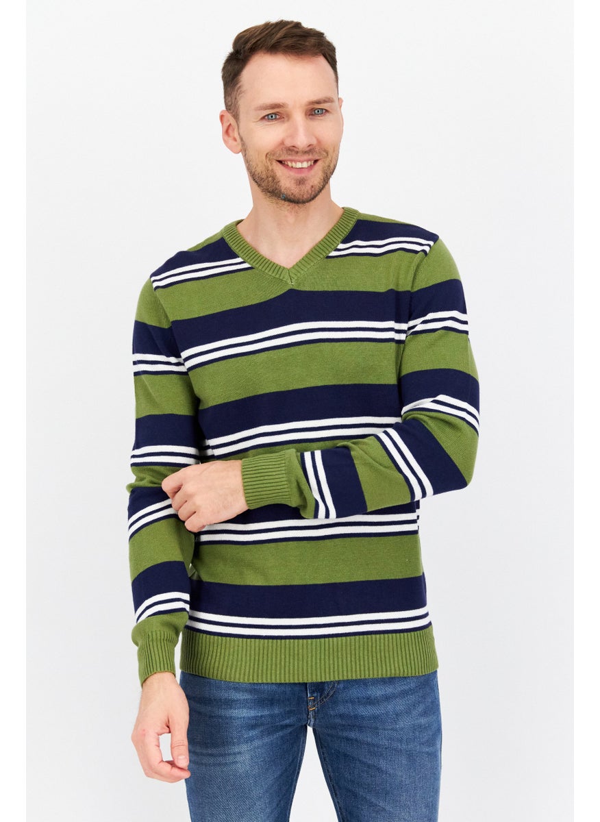 Men V-neck Stripe Long Sleeves Sweaters, Olive Combo