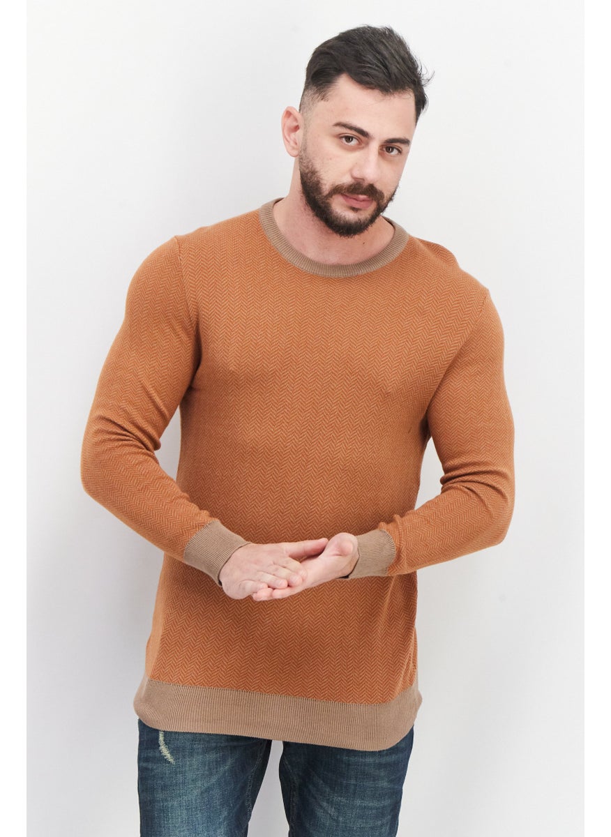 Men Crew Neck Long Sleeve Knitted Sweaters, Beige