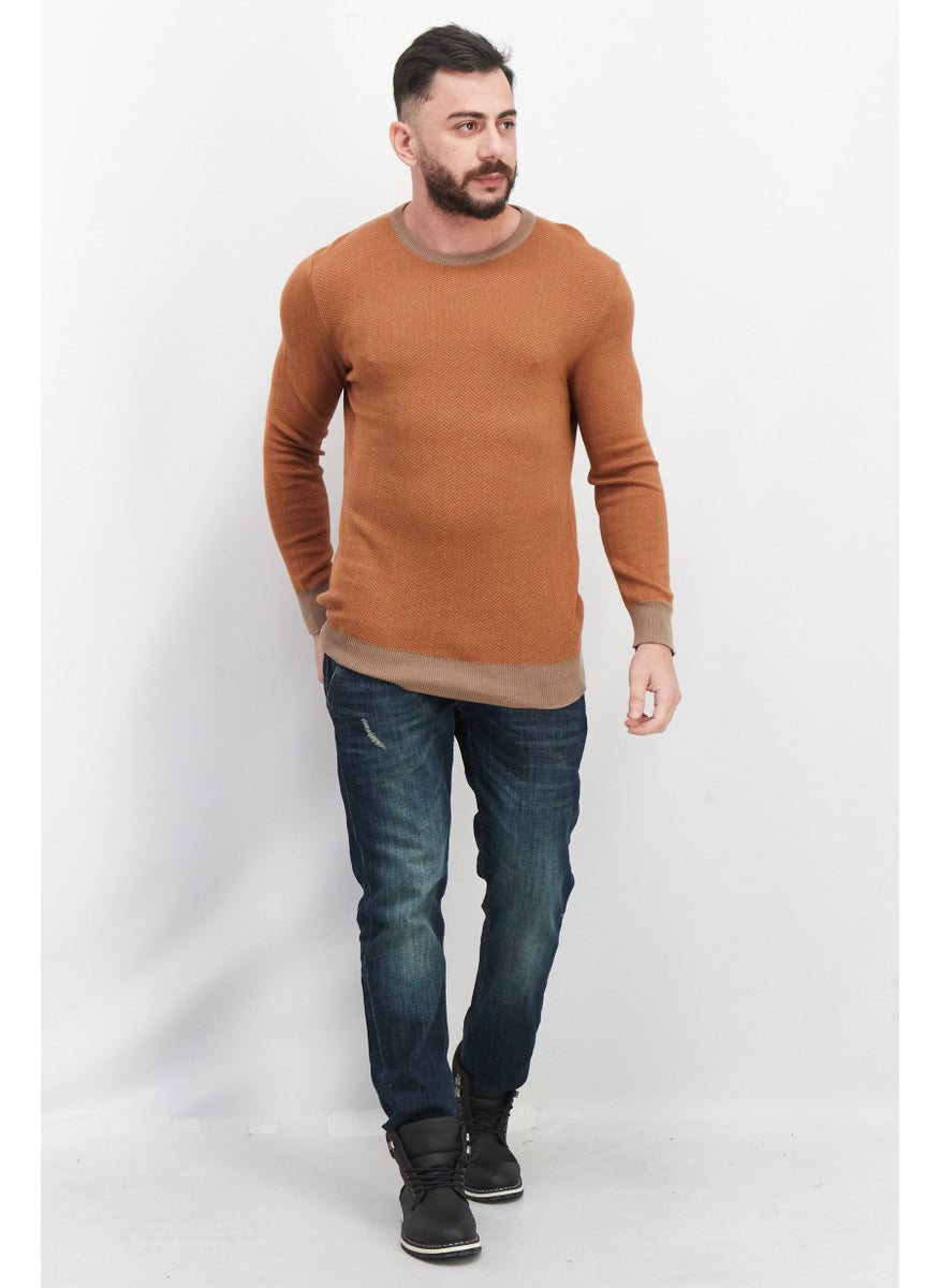 Men Crew Neck Long Sleeve Knitted Sweaters, Beige