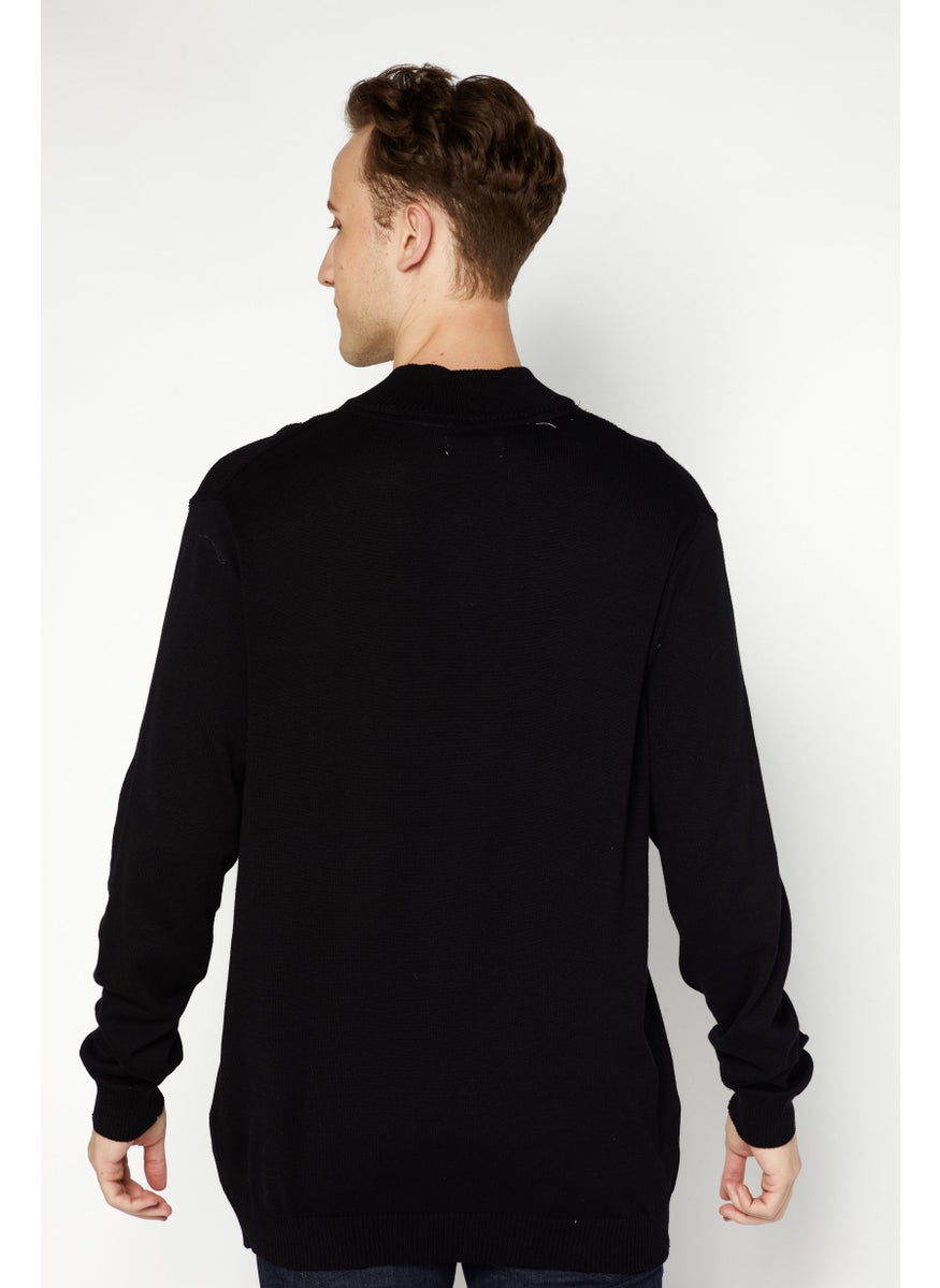 Men Mock Neck Textured Long Sleeve Sweaters, Black