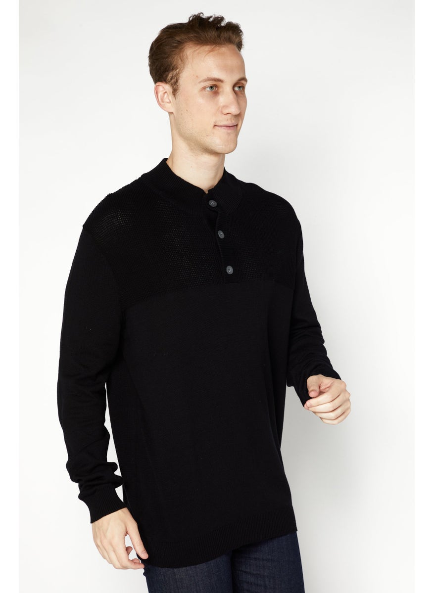 Men Mock Neck Textured Long Sleeve Sweaters, Black