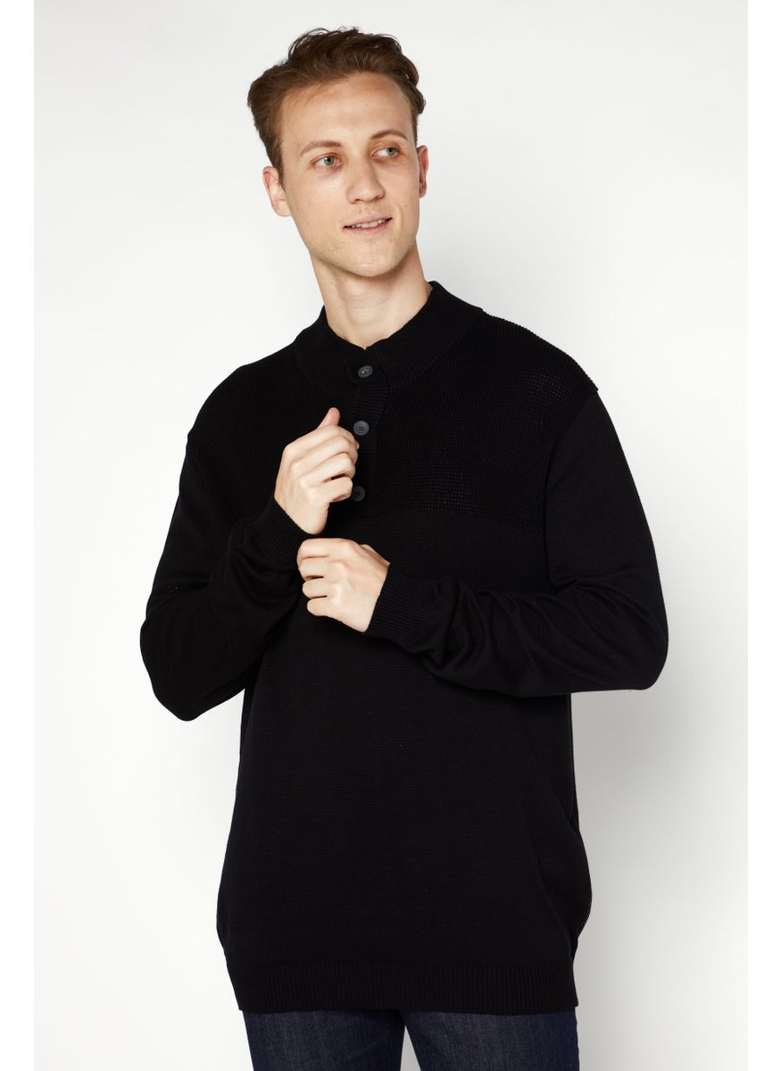 Men Mock Neck Textured Long Sleeve Sweaters, Black