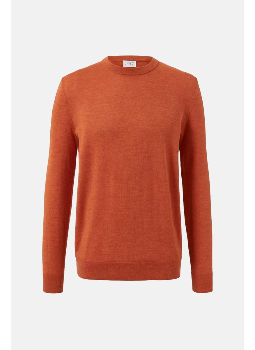 Men Crew Neck Textured Long Sleeve Sweater, Pumpkin Orange