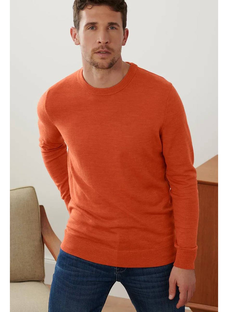 Men Crew Neck Textured Long Sleeve Sweater, Pumpkin Orange