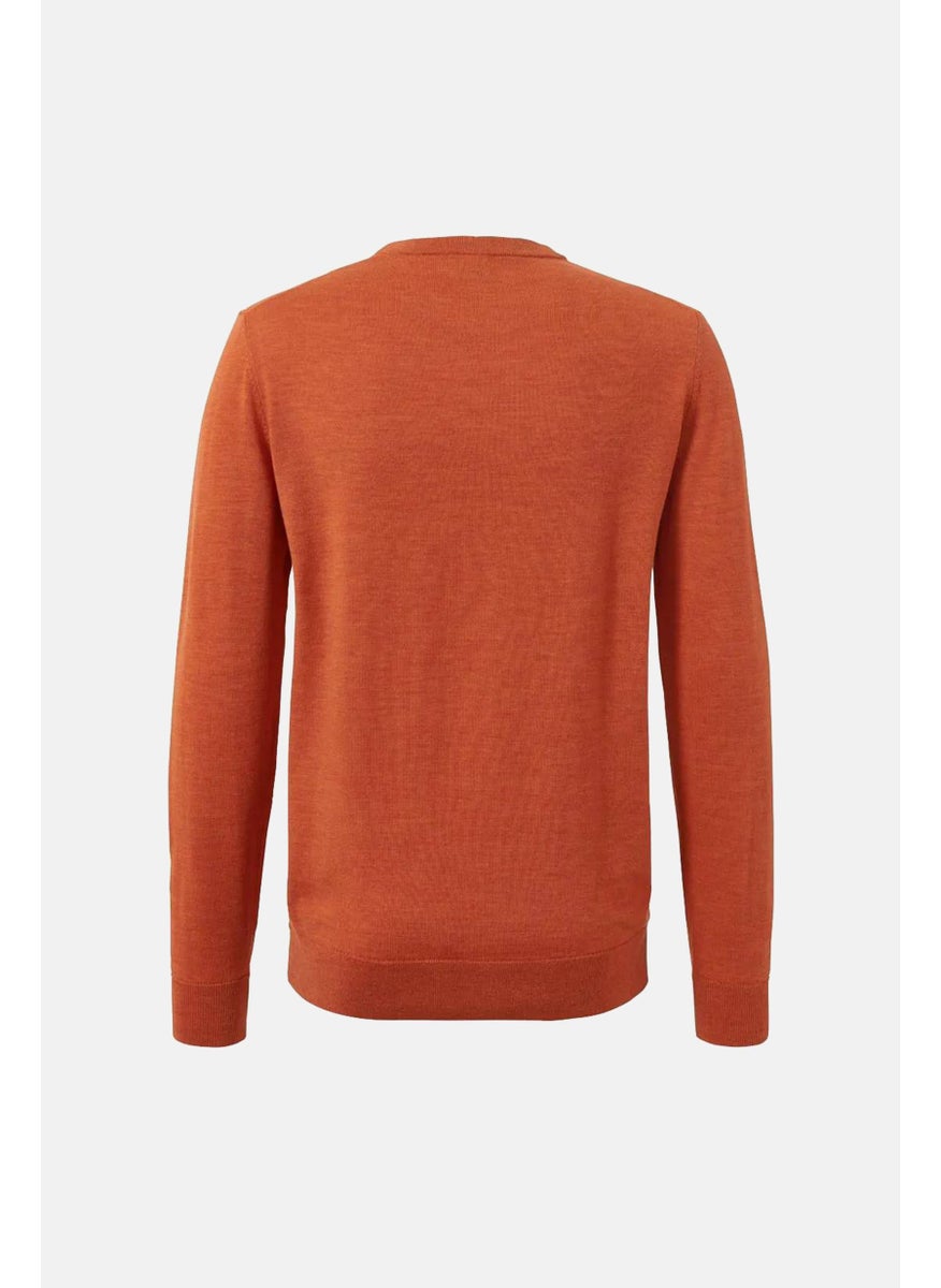 Men Crew Neck Textured Long Sleeve Sweater, Pumpkin Orange