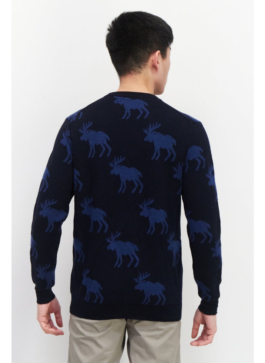 Men Crew Neck Knitted Printed Sweaters, Navy Blue