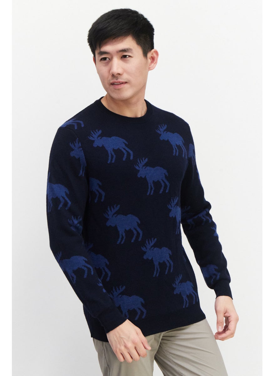 Men Crew Neck Knitted Printed Sweaters, Navy Blue