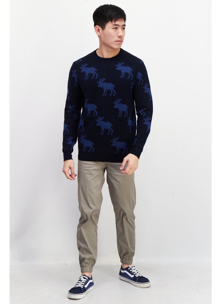 Men Crew Neck Knitted Printed Sweaters, Navy Blue