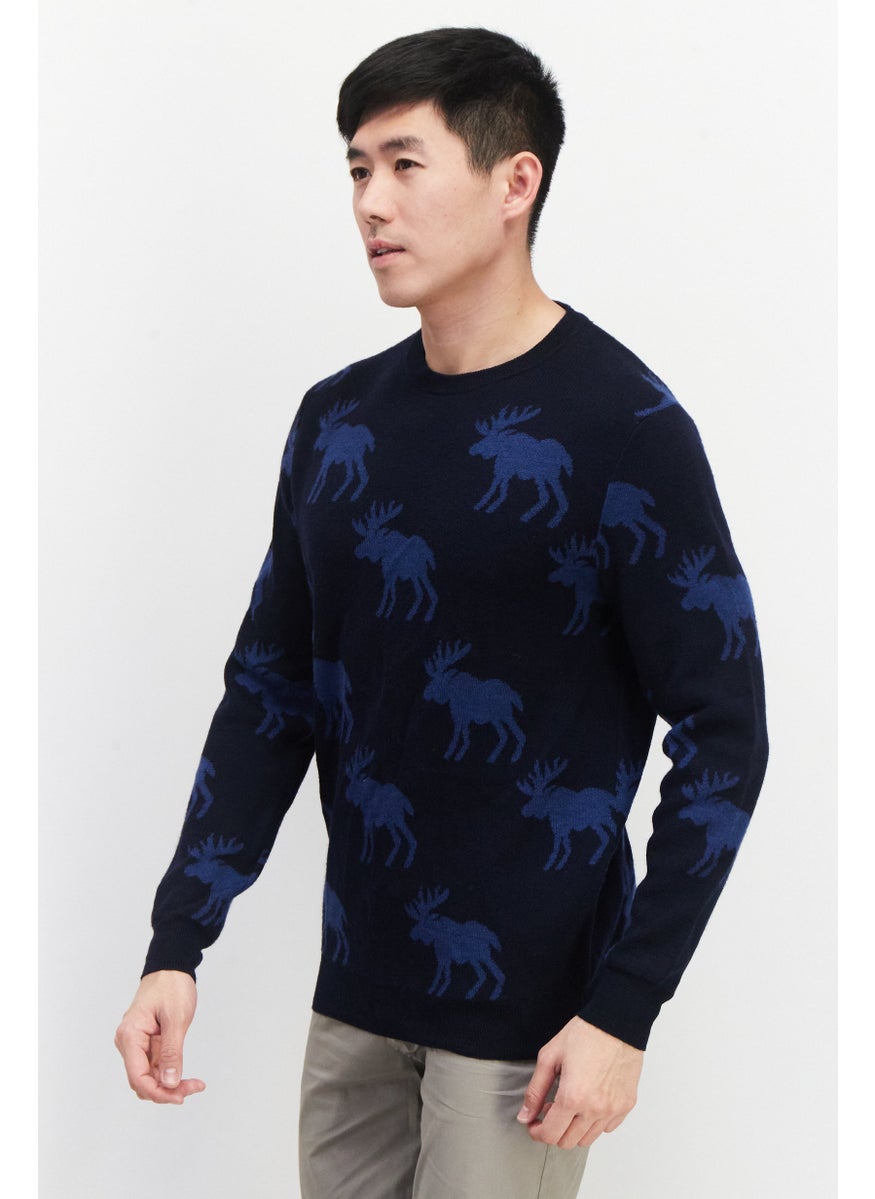 Men Crew Neck Knitted Printed Sweaters, Navy Blue