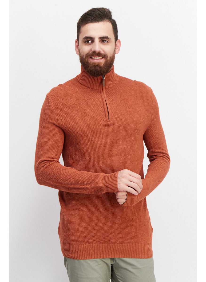 Men Mock Nek Textured Sweater, Royal Orange