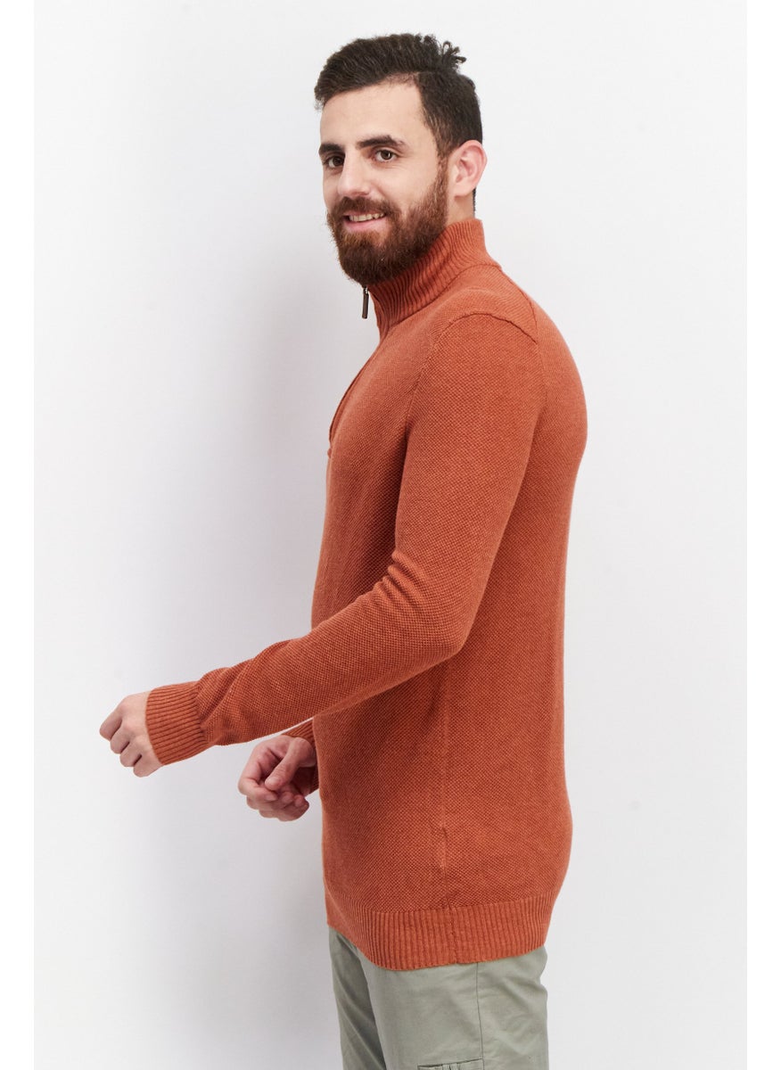 Men Mock Nek Textured Sweater, Royal Orange