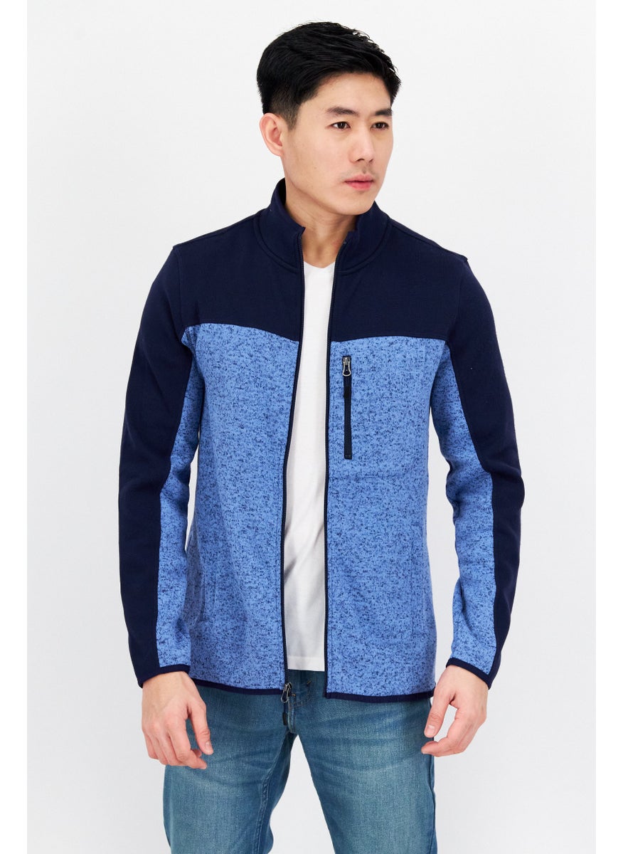 Men High Neck Long Sleeve Two-Toned Sweater, Blue/Navy Blue