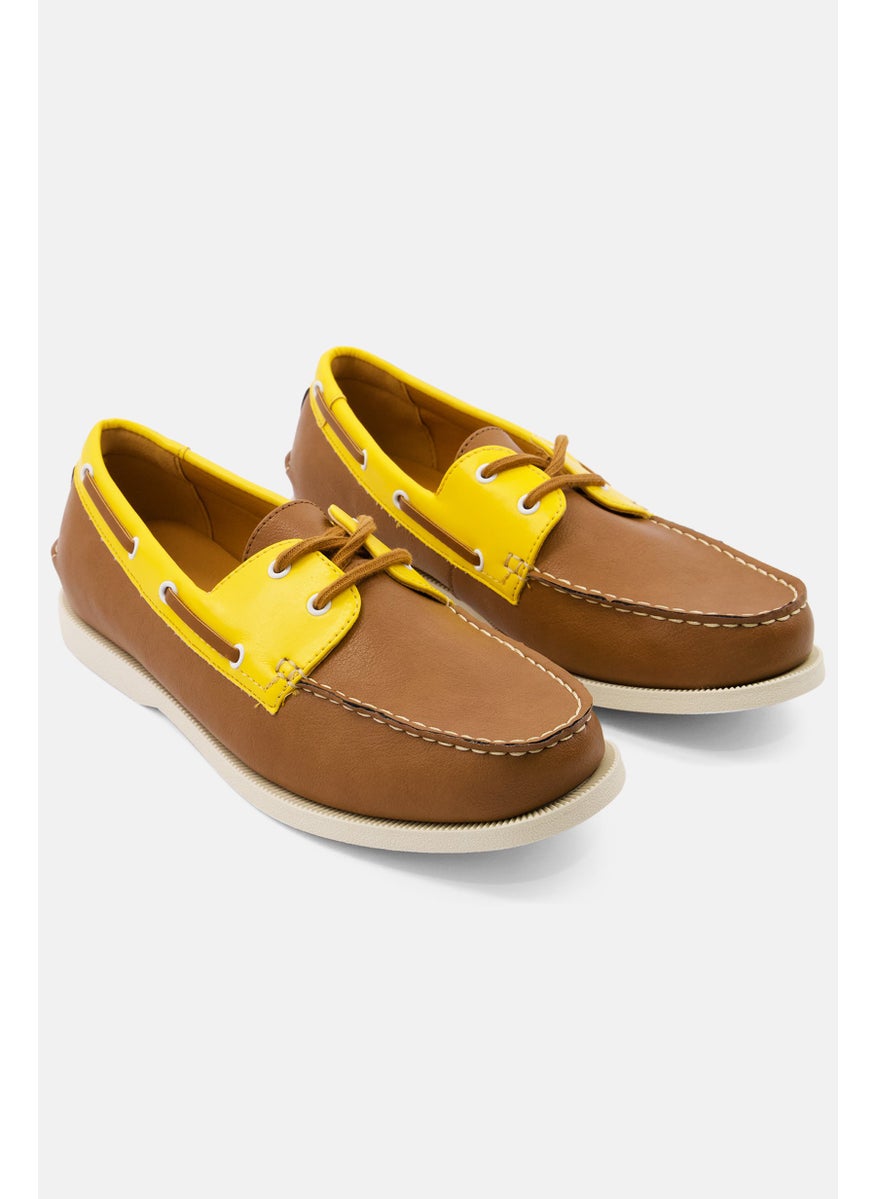 Men Lace Up Boat Shoes, Tan/Yellow