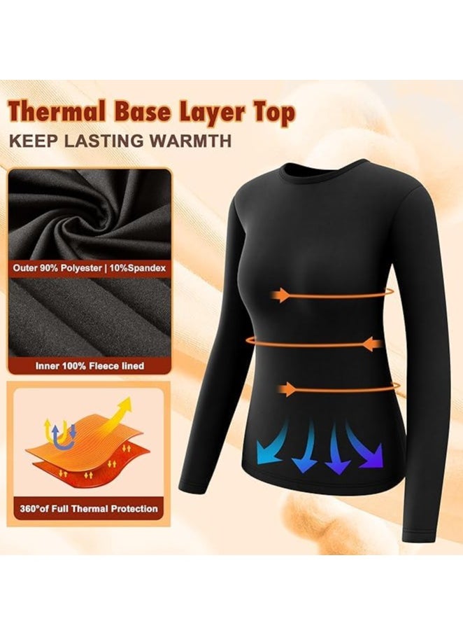 Thermal Underwear Women Ultra-Soft Long Johns Set Ultra Thin Base Layer Skiing Winter Warm Top & Bottom Cold Weather Base Layer Top and Leggings Bottom (Black)