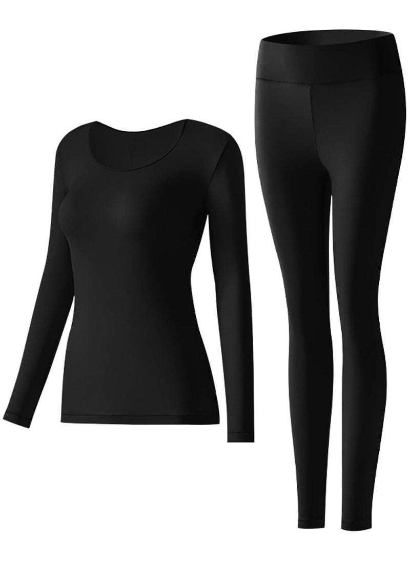 Thermal Underwear Women Ultra-Soft Long Johns Set Ultra Thin Base Layer Skiing Winter Warm Top & Bottom Cold Weather Base Layer Top and Leggings Bottom (Black)