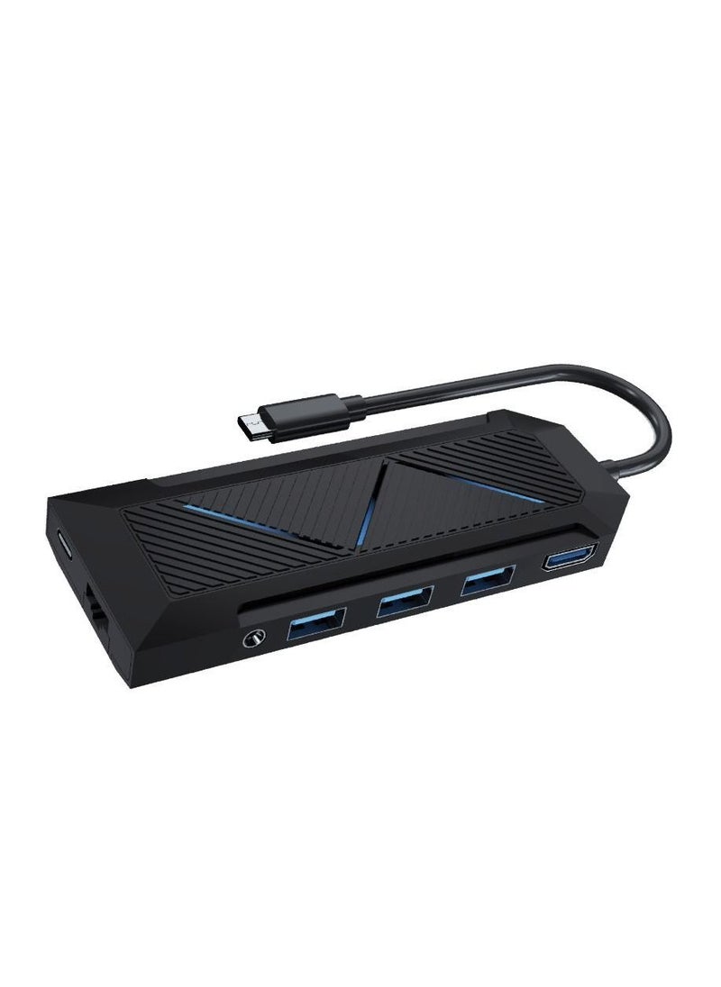 9 in 1 USB-C Hub Gamers Edition, 100W PD Fast Charging 5Gbps Data Transfer, 1000 Mbps Ethernet, Supports Micro SD/TF & 4K HDMI, Audio 3.5mm Jack, RGB Lights - Black