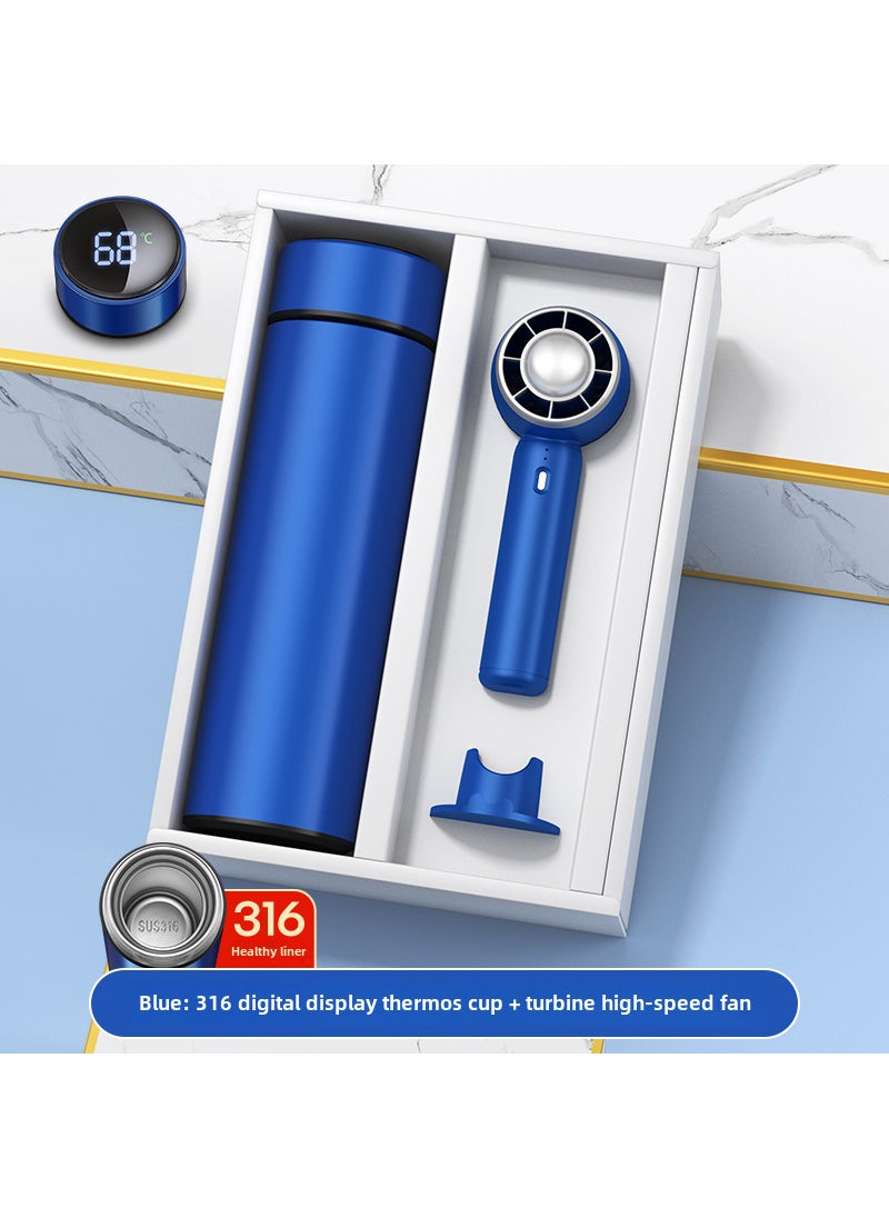 Corporate Gift Set with Custom Logo Blue 316 digital display cup hand-held small fan/gift box